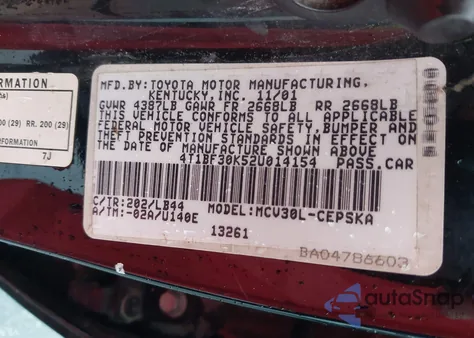 2002 Toyota Camry Le V6/Se V6/Xle V6 из США, поврежденный, VIN 4T1BF30K52U014154